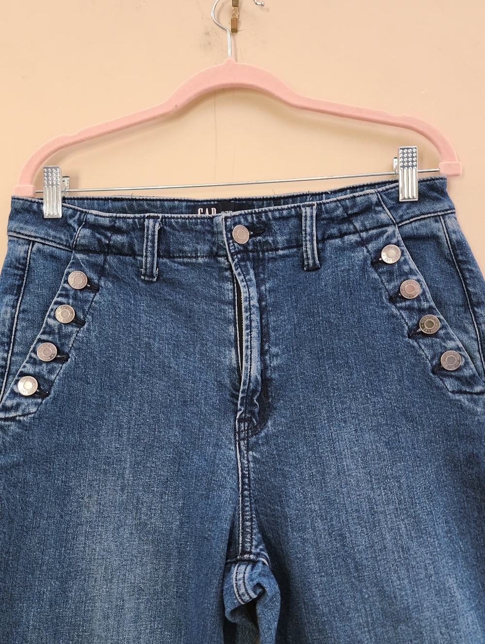 Gap 70s Flare High Rise Sailor Jeans Blue Denim Button Front 12/31R - Picture 13 of 16